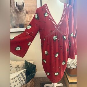 NWT Red Floral Bell Sleeved Dress